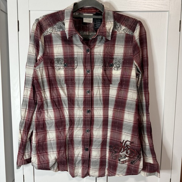 Harley-Davidson Women's Plaid Embroidered Shirt Red Western Moto Hearts Medium - Picture 1 of 10